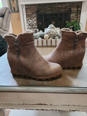 Yellow Box Brown Faux-Suede Wedge Ankle Boots with Faux-Fur Trim